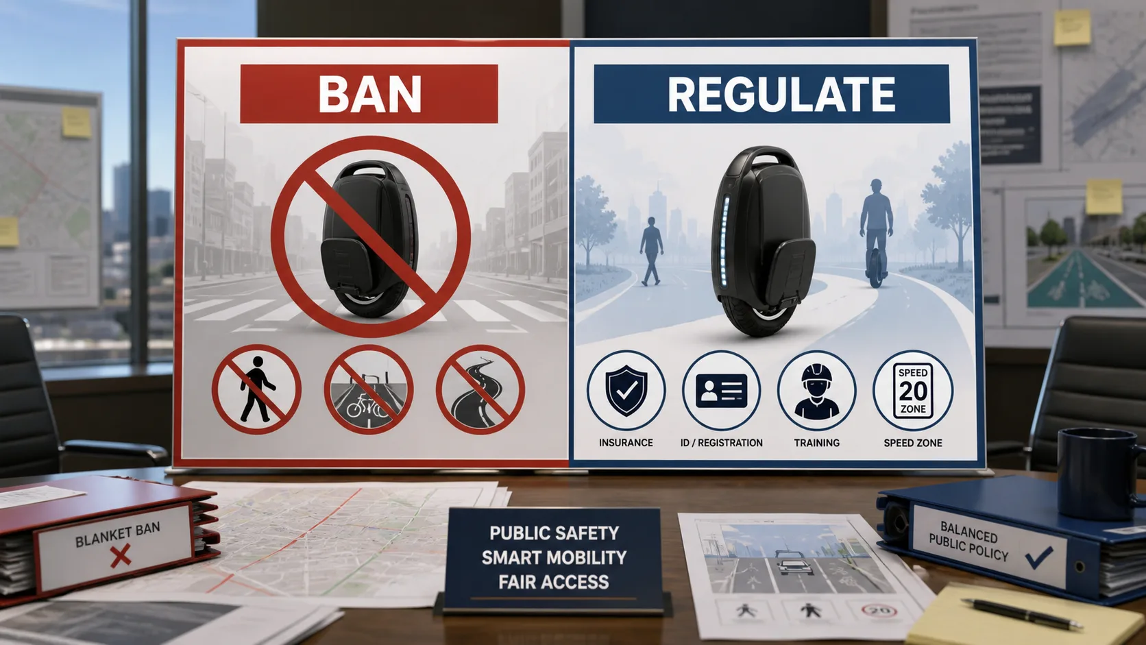 Policy board contrasting blanket EUC bans with specific regulation through insurance, ID, training, and speed zones