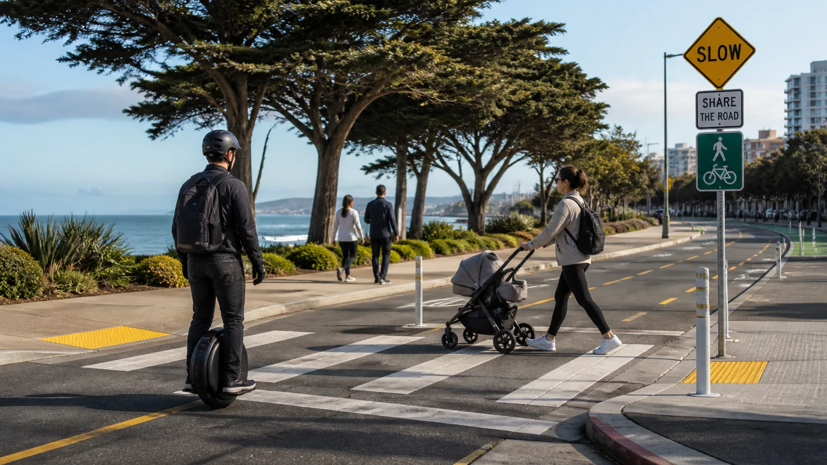 Electric unicycle rider slowing near a marked crossing while a pedestrian with a stroller crosses a shared coastal street corridor