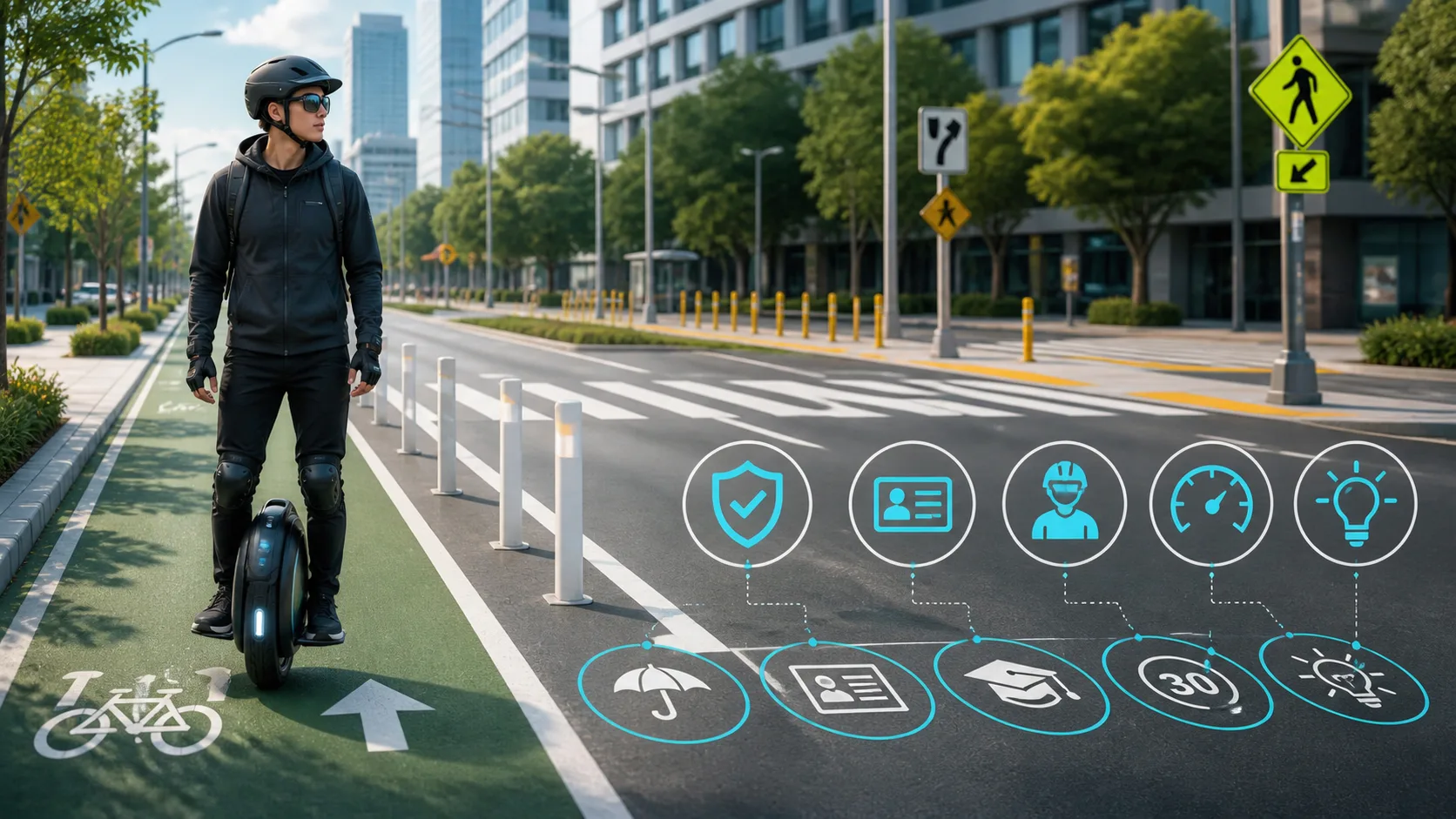 Responsible electric unicycle rider in a protected lane with visual symbols for insurance, registration, training, speed zones, and lighting